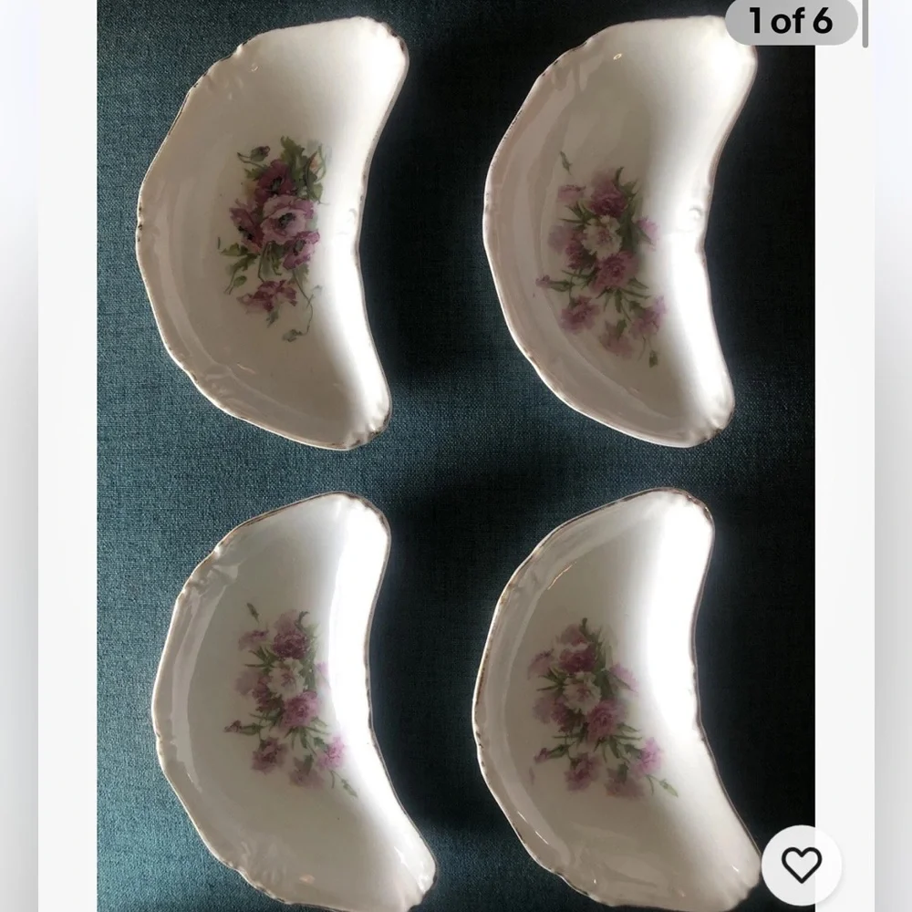4 Vintage Crescent-Shaped Bone China Dish Tapas Dessert Plate Floral Gold Rim‎